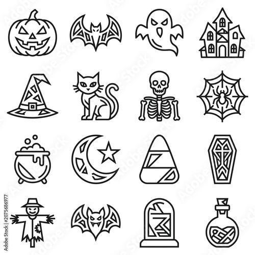A collection of various black and white line art icons for the autumn holiday season