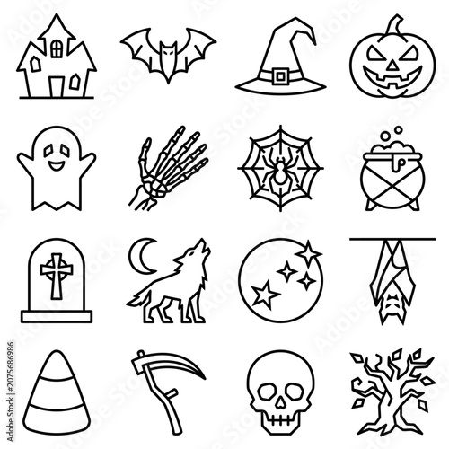 A collection of various spooky holiday icons arranged in a grid