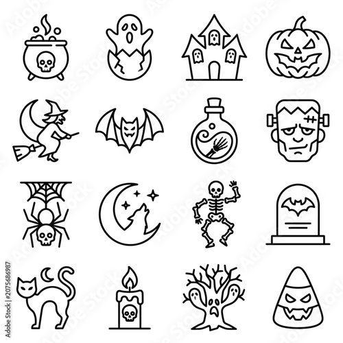 A collection of sixteen black and white outline icons representing various spooky holiday themes