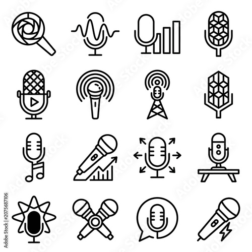 A collection of various black and white microphone icons arranged in a grid pattern