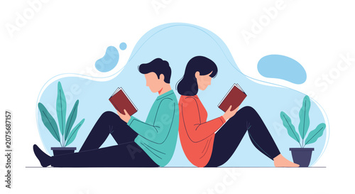 Young couple sitting back to back on the floor and reading books together, representing education, quiet leisure, and relationship.