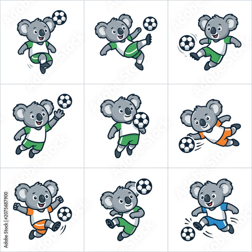 A collection of cute cartoon koalas playing soccer in various dynamic poses