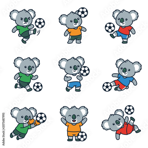 A collection of cute cartoon koalas playing soccer in various dynamic poses