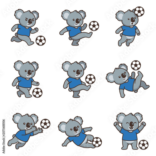 A collection of cute cartoon koalas playing soccer in various dynamic poses