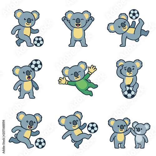 A collection of cute cartoon koalas playing soccer in various dynamic poses