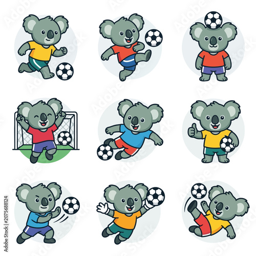 A collection of cute cartoon koalas playing soccer in various dynamic poses