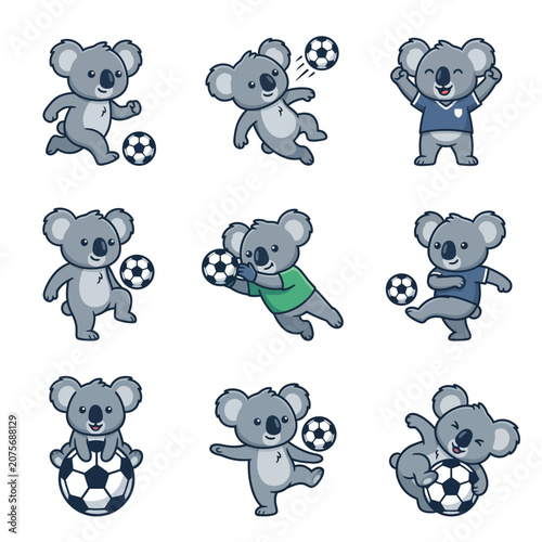 A collection of cute cartoon koalas playing soccer in various dynamic poses