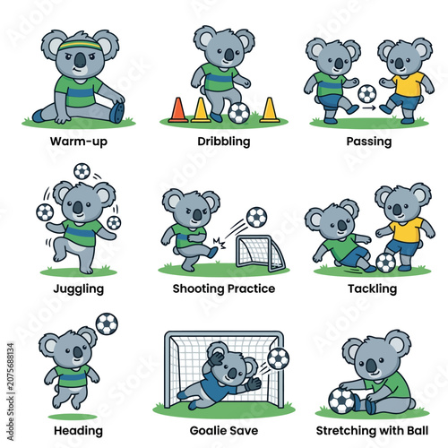 A collection of cute cartoon koalas demonstrating various soccer skills and athletic movements