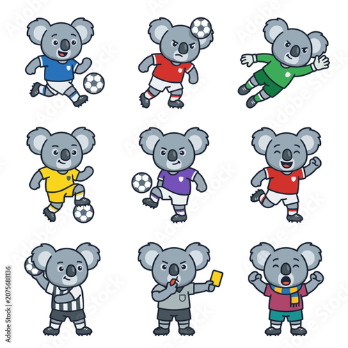 A collection of cute cartoon koalas playing soccer in various colorful uniforms