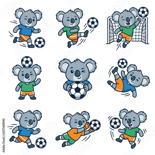 A collection of cute cartoon koalas playing soccer in various dynamic poses