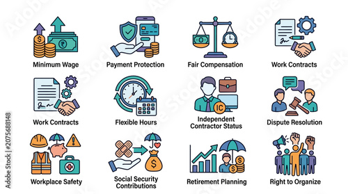 A collection of colorful flat vector icons representing various professional workplace and labor rights concepts