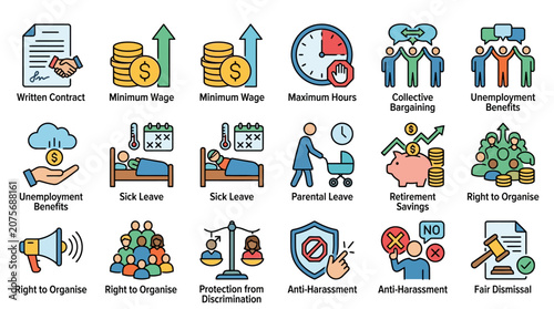A collection of colorful vector icons representing various workplace rights and labor regulations