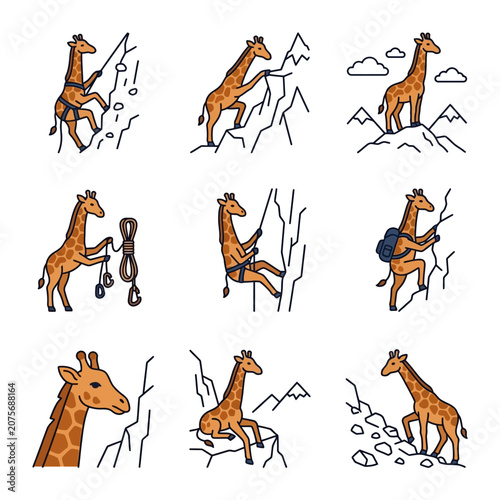 A collection of illustrated giraffes engaged in various mountain climbing and hiking activities