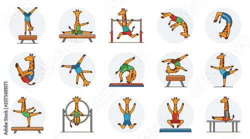 A collection of cartoon giraffes performing various athletic gymnastics routines