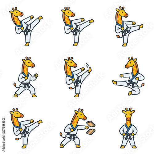 A collection of cute cartoon giraffes practicing martial arts in white uniforms