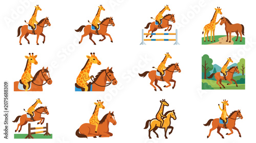 A collection of cartoon illustrations featuring a giraffe riding a brown horse in various poses