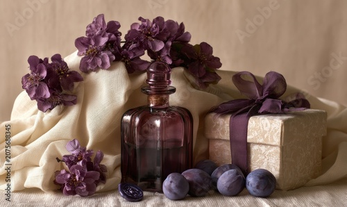Flowers, bottle, gift, and plums arranged on draped fabric under warm light