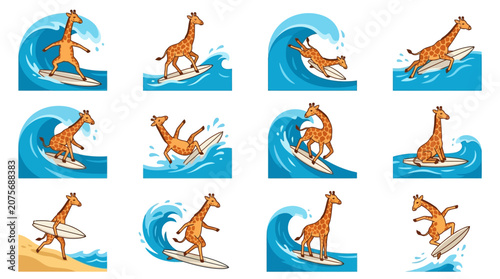 A collection of cartoon giraffes surfing on ocean waves in various poses