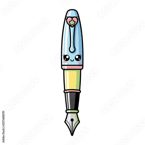 Adorable Kawaii Style Fountain Pen Vector Illustration with Smiling Face