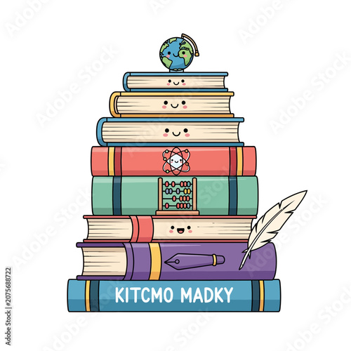 Cute Cartoon Stack of Books with Smiling Faces and Educational Icons for Back to School Concept