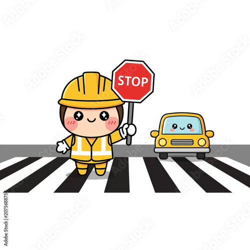 Cute Cartoon Traffic Controller Character Holding Stop Sign on Crosswalk
