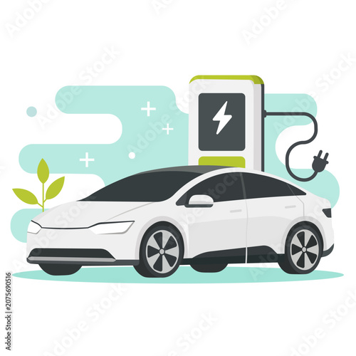 Electric Vehicle Charging Station Flat Vector Illustration with Eco Green Plant and Charging Cable