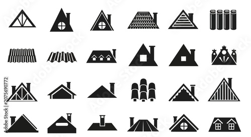 Roof, house, building, icon set, 25 black silhouette roof icons, architectural symbols, construction signs