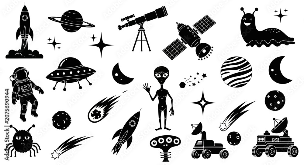 Obraz premium Space icons, black vector set, astronomy symbols, 25 space objects
