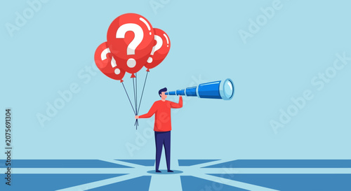 Confused businessman, question marks, uncertainty concept, decision making, vector illustration