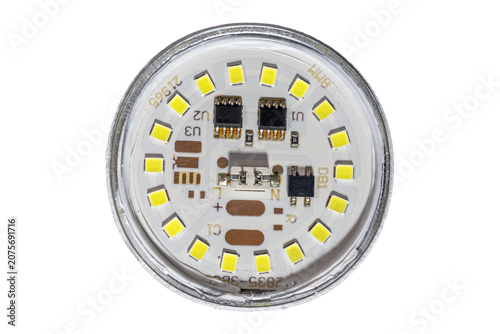 Closeup LED circuit board with resistors, chips, connectors, markings
