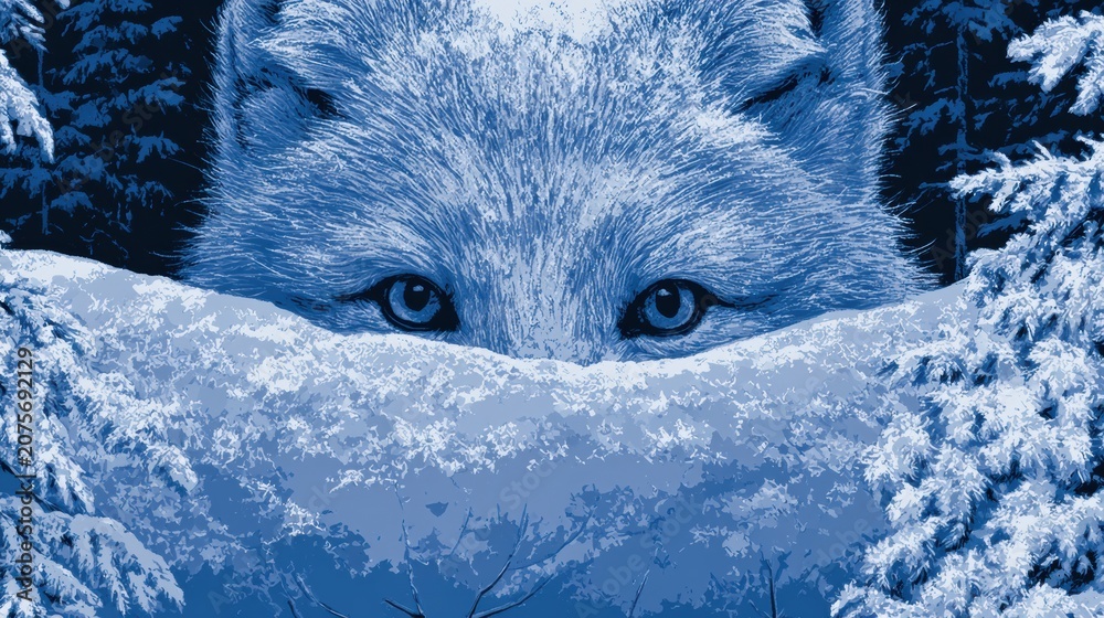 Fototapeta premium An arctic fox with only its eyes and ears visible observes its surroundings from a snowy ridge in a dark winter landscape.