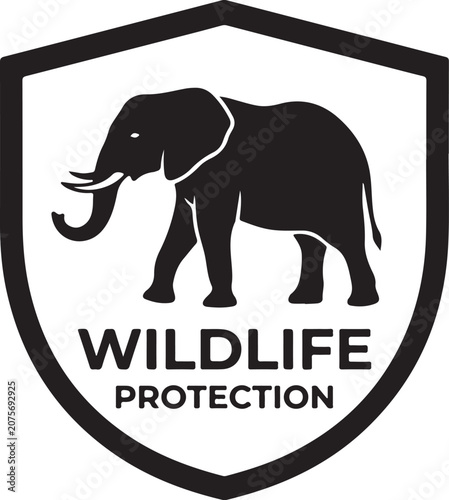 Wildlife protection shield emblem featuring a strong elephant silhouette for conservation and security branding