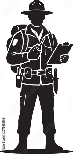 Full-length black and white icon of a park ranger or security officer holding a radio and clipboard