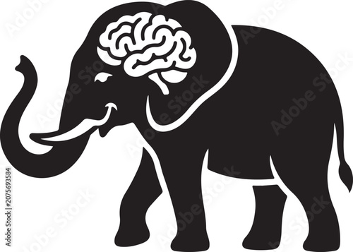 Conceptual black and white icon of a walking elephant with a visible human brain symbol representing intelligence and strong memory