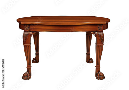 Antique wooden table with ornate carved legs.