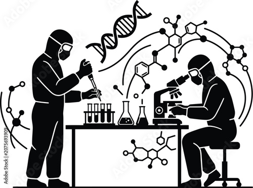 Scientists in protective gear working with microscope and test tubes in a laboratory science research experiment