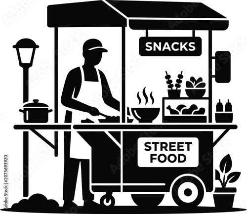 Black and white street food vendor cart with a chef cooking hot snacks and meals for customers on the sidewalk