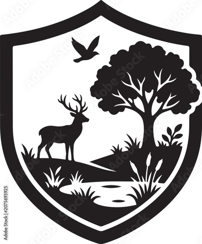 Environmental protection shield emblem featuring a deer, flying bird, and lush tree near a wetland pond