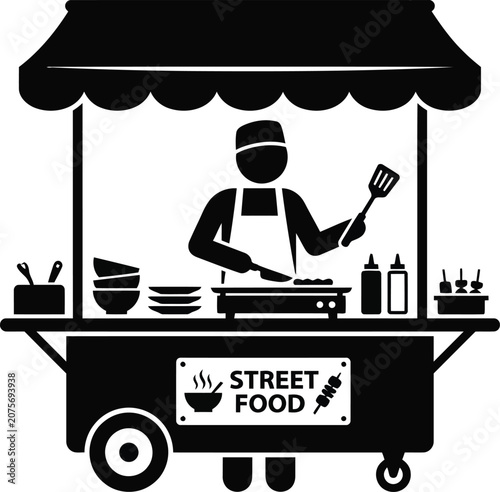 Street food vendor cooking at a mobile cart icon illustration