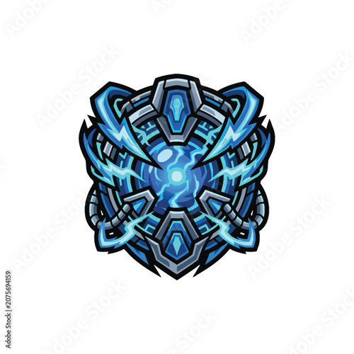 Glowing blue futuristic technology emblem.