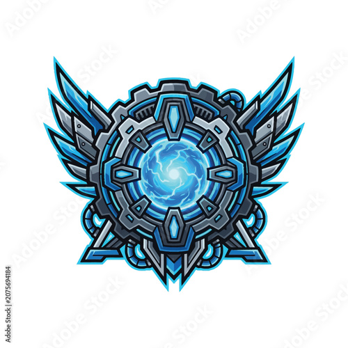Futuristic blue and gray emblem design.