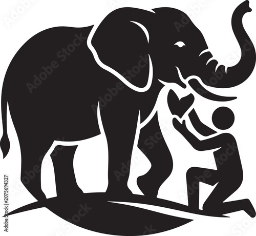 Black and white icon depicting a strong bond between a kneeling person and a majestic elephant with its trunk raised