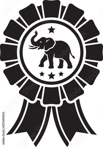 Black award rosette ribbon featuring a central elephant emblem surrounded by stars
