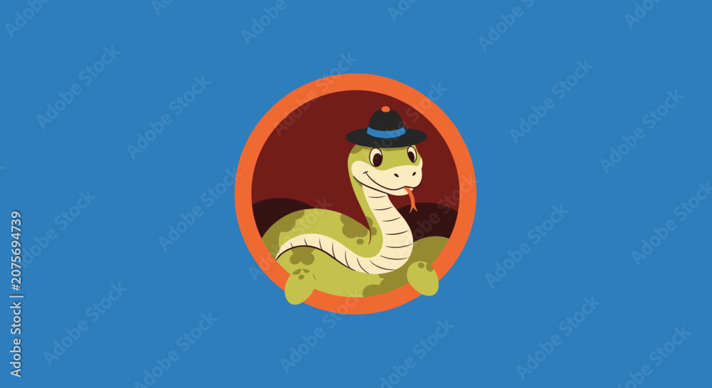 Obraz premium Cute green snake wearing a small black hat sticking its tongue out while peeking through an orange circular frame design.