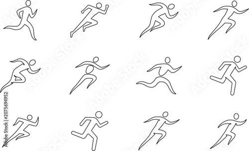 Abstract running figures line art icons set, stylized athletes sprinting vector illustration, dynamic linear stick people signs