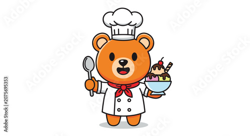 Cute brown bear dressed as a chef in white uniform and hat holding a bowl of colorful ice cream and a spoon.