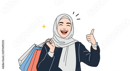 Happy Muslim woman in hijab holding several shopping bags and giving a thumbs up sign with a joyful expression.