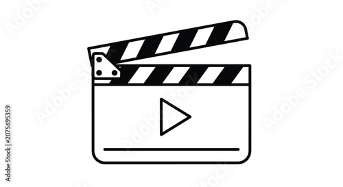 Classic black and white movie clapperboard with a play button symbol used for film production and video editing.