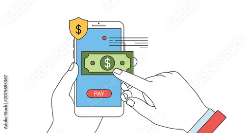 Close up of hands using a smartphone for a secure online payment with a paper dollar bill icon on the screen.