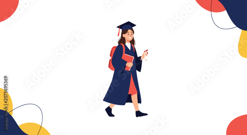 Proud young woman in a dark blue graduation gown and cap walking confidently while holding her diploma and a book.
